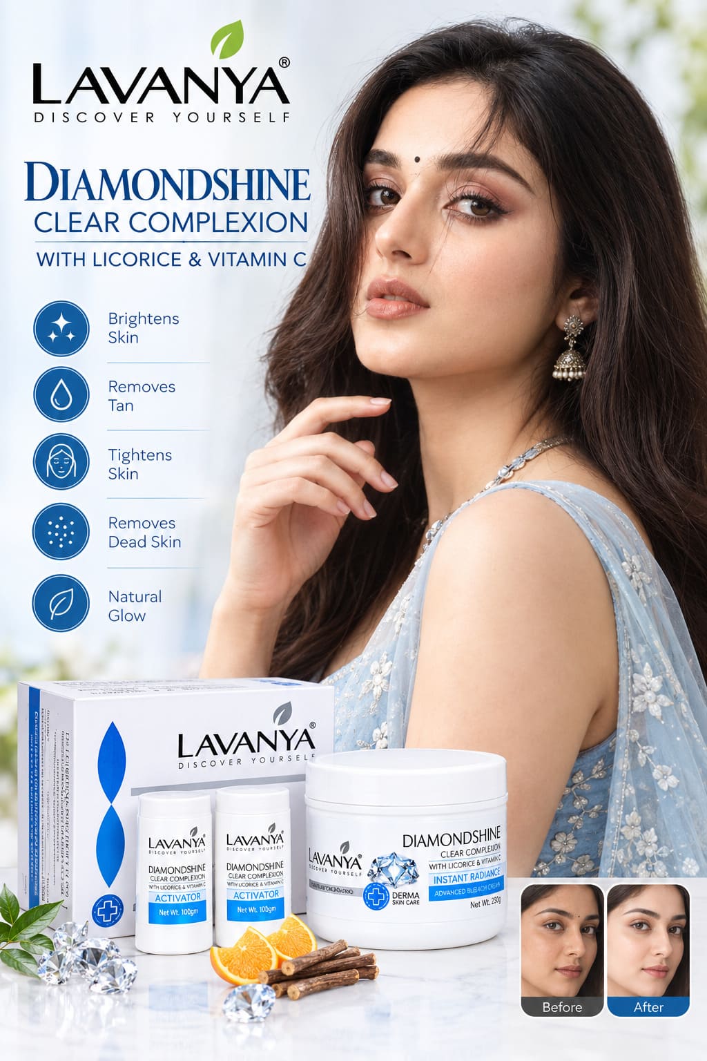 Lavanya Diamondshine Bleach look compare before after