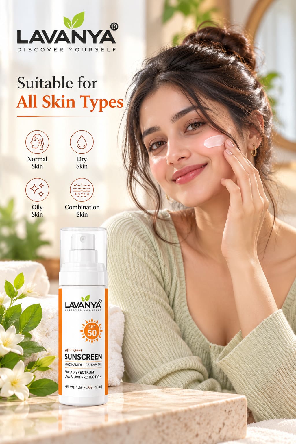 lavanya sunscreen spf 50 suitalbe all skin types