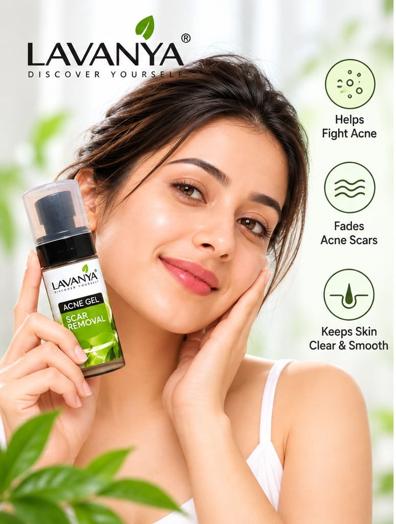 woman showing lavanya acne gel with benefits